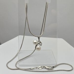 Freshwater White Real Pearl Necklace 18” Silver Plated Snake Chain Rhinestone